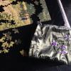 Custom painted wooden jigsaw puzzle, embroidered silk bag